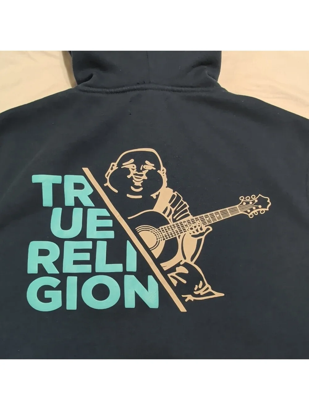True Religion Men's Full Zip Hoodie Navy Blue Buddha Guitar Graphic Size S